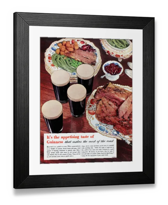 Framed Print : Guinness. 1956: Advertisement for Guinness stout showing a roast dinner Framed Print : Guinness. 1956: Advertisement for Guinness stout showing a roast dinner