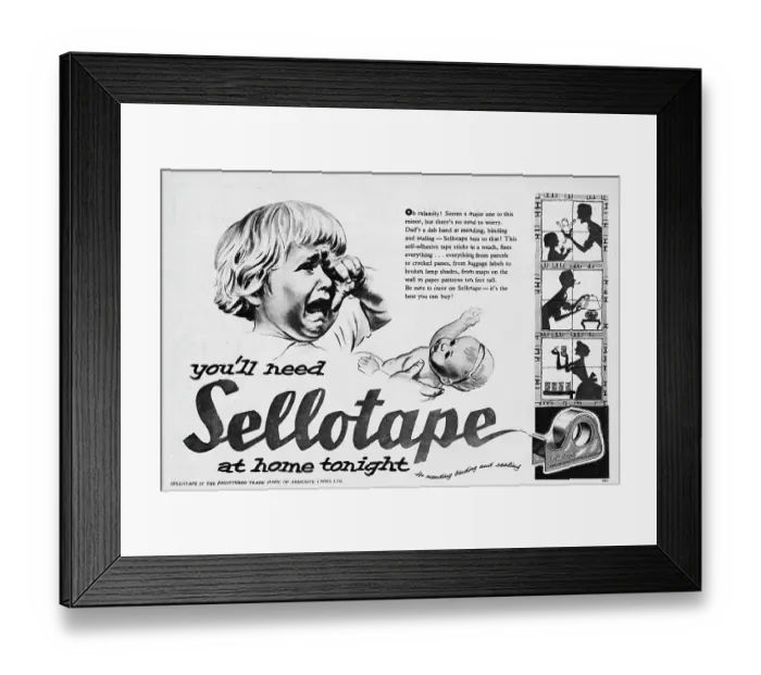 Framed Print : Sellotape. 1956: Advertisement for Sellotape adhesive tape showing a young Framed Print : Sellotape. 1956: Advertisement for Sellotape adhesive tape showing a young