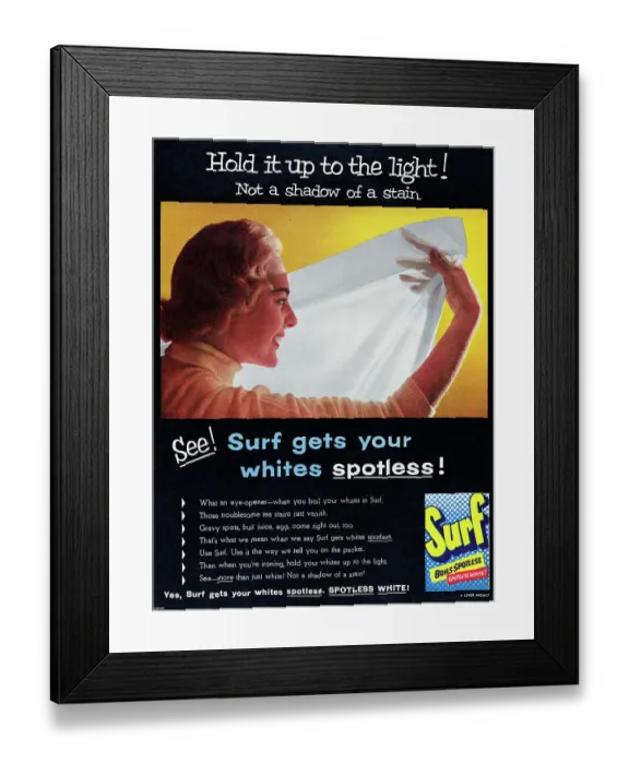 Framed Print : Surf. 1956: A woman holds a white sheet up to the light to show Surf gets Framed Print : Surf. 1956: A woman holds a white sheet up to the light to show Surf gets
