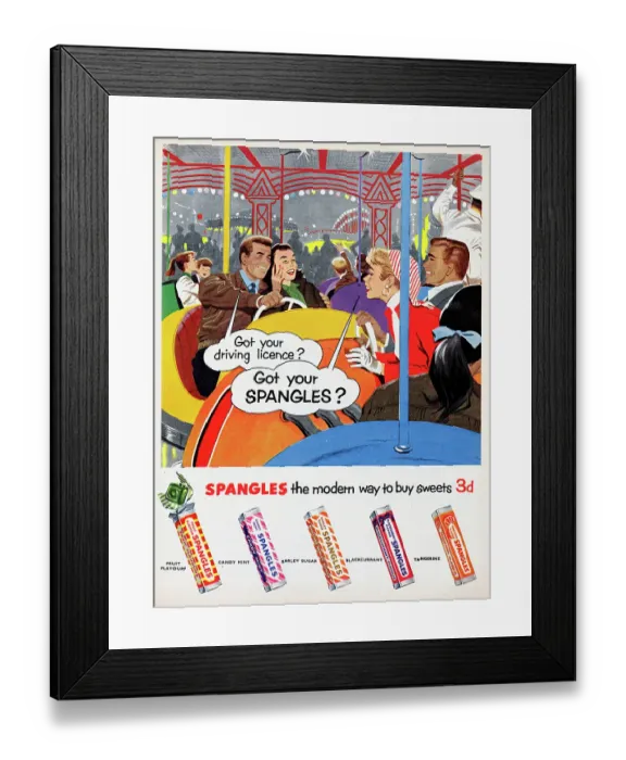 Framed Print : Spangles. 1956: Advertisement for Spangles showing two couples riding bumper Framed Print : Spangles. 1956: Advertisement for Spangles showing two couples riding bumper