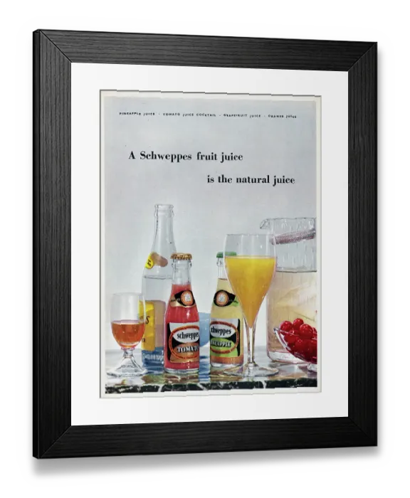 Framed Print : Schweppes. 1956: Advertisement for Schweppes fruit juice with the caption Framed Print : Schweppes. 1956: Advertisement for Schweppes fruit juice with the caption