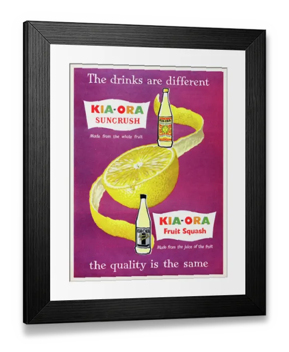 Framed Print : Kia-Ora. 1956: Advertisement for Kia-Ora Suncrush Lemon Drink and Lemon Squash drink Framed Print : Kia-Ora. 1956: Advertisement for Kia-Ora Suncrush Lemon Drink and Lemon Squash drink