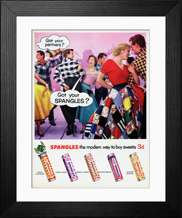Framed Print : Spangles. 1956: Advertisement for Spangles sweets showing couples square dancing Framed Print : Spangles. 1956: Advertisement for Spangles sweets showing couples square dancing