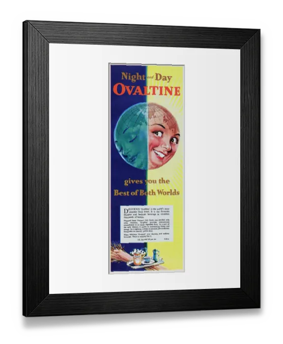 Framed Print : Ovaltine. 1956: Advertisement for the Ovaltine malt drink with the caption Night Framed Print : Ovaltine. 1956: Advertisement for the Ovaltine malt drink with the caption Night