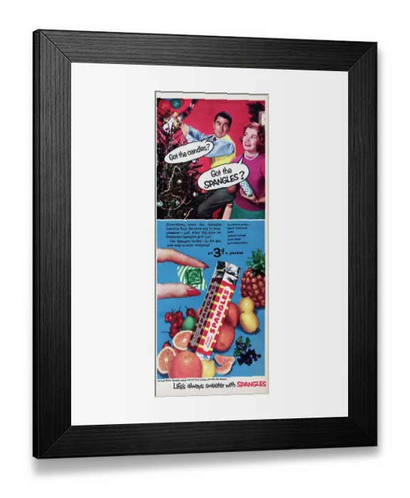Framed Print : Spangles. 1955: A Christmas advertisement for Spangles candy showing a Framed Print : Spangles. 1955: A Christmas advertisement for Spangles candy showing a