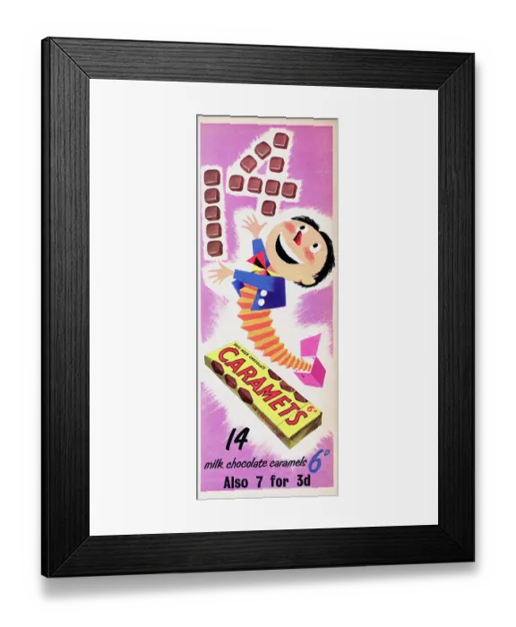 Framed Print : Caramets. 1955: Advertisement for Fry's Milk Chocolate Caramets showing a Jack-in-the-Box Framed Print : Caramets. 1955: Advertisement for Fry's Milk Chocolate Caramets showing a Jack-in-the-Box