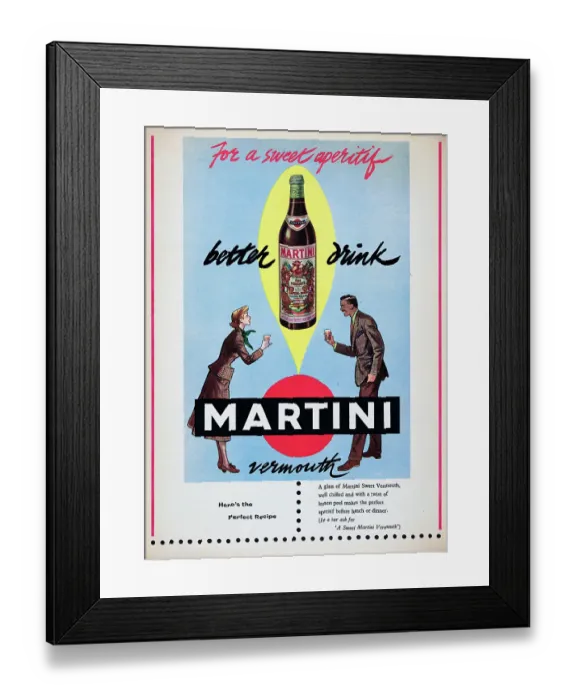 Framed Print : Martini. 1955: Advertisement for Martini with the caption For a sweet aperitif Framed Print : Martini. 1955: Advertisement for Martini with the caption For a sweet aperitif