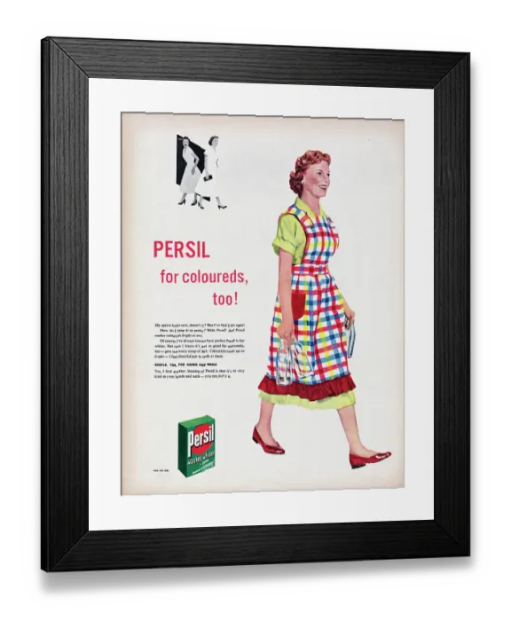 Framed Print : Persil. 1955: Advertisement for Persil powder laundry detergent with the Framed Print : Persil. 1955: Advertisement for Persil powder laundry detergent with the