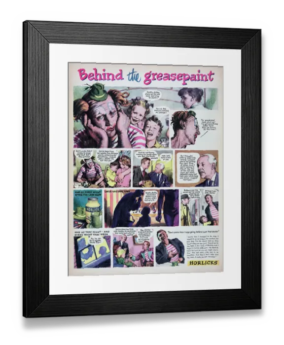 Framed Print : Horlicks. 1955: A storyboard format advertisement for the Horlicks malted Framed Print : Horlicks. 1955: A storyboard format advertisement for the Horlicks malted