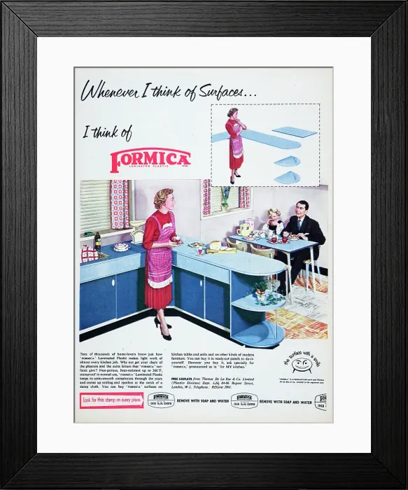Framed Print : Formica. 1955: Advertisement for Formica laminated plastic showing a family Framed Print : Formica. 1955: Advertisement for Formica laminated plastic showing a family