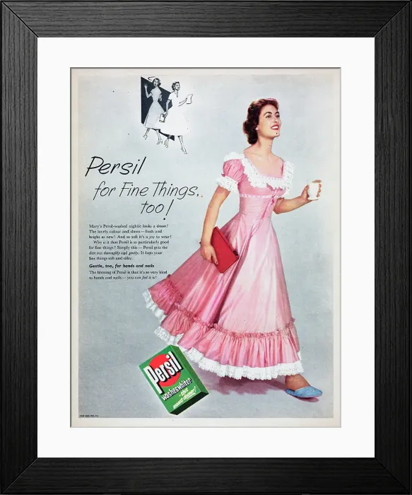 Framed Print : Persil. 1955: Advertisement for Persil washing powder showing a woman wearing Framed Print : Persil. 1955: Advertisement for Persil washing powder showing a woman wearing