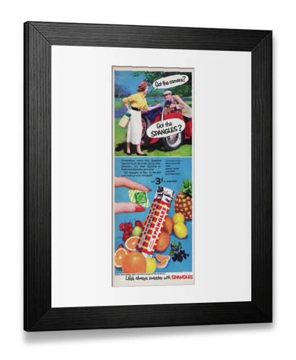 Framed Print : Spangles. 1955: Advertisement for Spangles fruit flavour candy with the Framed Print : Spangles. 1955: Advertisement for Spangles fruit flavour candy with the