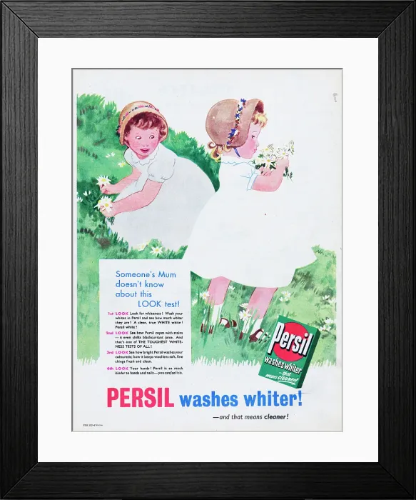 Framed Print : Persil. 1955: Advertisement for Persil washing powder showing two girls Framed Print : Persil. 1955: Advertisement for Persil washing powder showing two girls