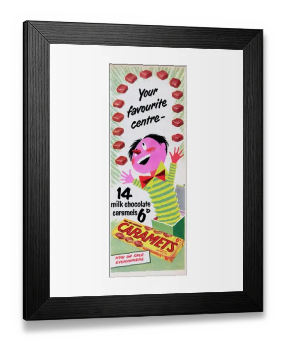 Framed Print : Caramets. 1955: Advertisement for Fry's Milk Chocolate Caramets showing a jack-in-a-box Framed Print : Caramets. 1955: Advertisement for Fry's Milk Chocolate Caramets showing a jack-in-a-box