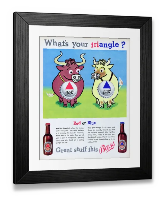 Framed Print : Bass Beer. 1955: Advertisement for Bass beer with the caption What's your triangle?' Framed Print : Bass Beer. 1955: Advertisement for Bass beer with the caption What's your triangle?'