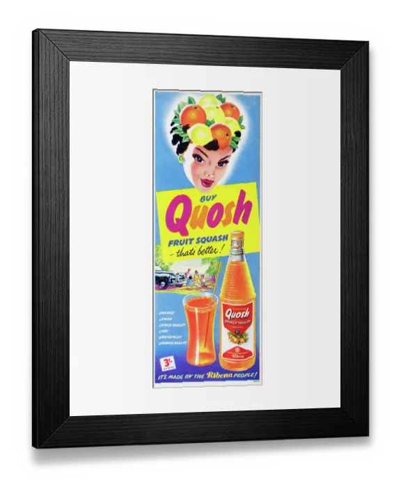 Framed Print : Quosh. 1955: Advertisement for Quosh orange squash drink with the caption Buy Quosh Framed Print : Quosh. 1955: Advertisement for Quosh orange squash drink with the caption Buy Quosh