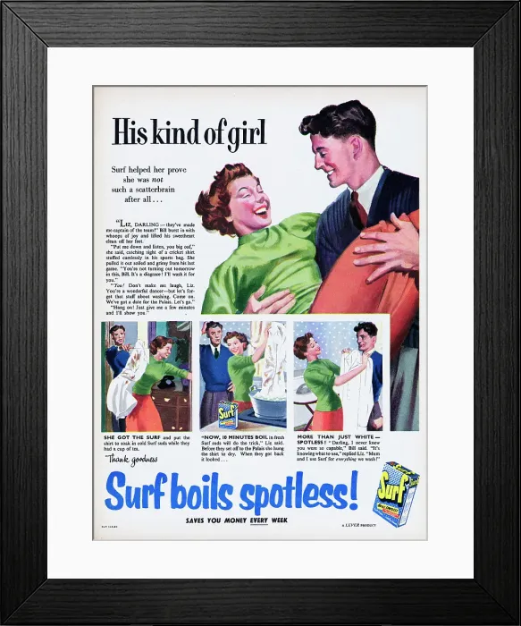 Framed Print : Surf. 1955: A advertisement for Surf washing powder Framed Print : Surf. 1955: A advertisement for Surf washing powder