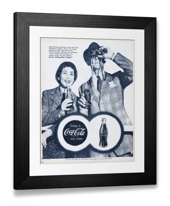 Framed Print : Coca-Cola. 1955: Advertisement for Coca-Cola showing a woman with a man Framed Print : Coca-Cola. 1955: Advertisement for Coca-Cola showing a woman with a man