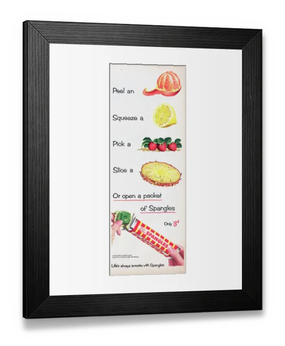 Framed Print : Spangles. 1955: Advertisement for Spangles candy showing the various fruit Framed Print : Spangles. 1955: Advertisement for Spangles candy showing the various fruit