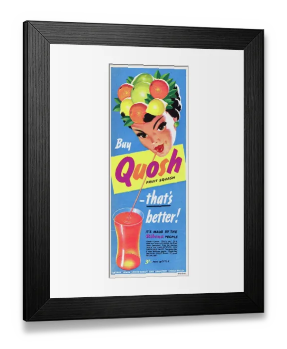 Framed Print : Quosh. 1955: Advertisement for Quosh fruit squash showing a woman using Framed Print : Quosh. 1955: Advertisement for Quosh fruit squash showing a woman using