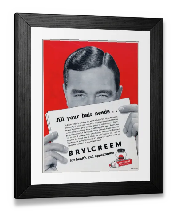 Framed Print : Brylcreem. 1955: Advertisement for Brylcreem with the caption All your hair needs' Framed Print : Brylcreem. 1955: Advertisement for Brylcreem with the caption All your hair needs'