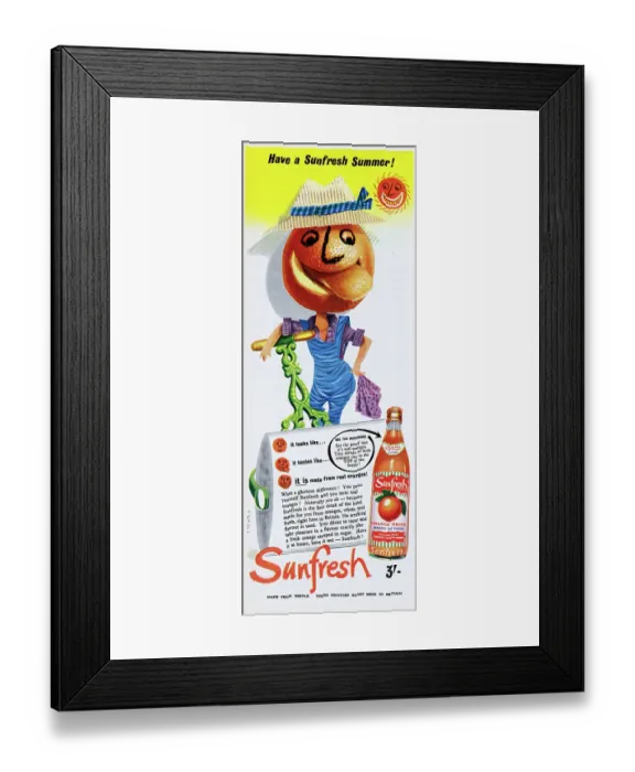 Framed Print : Sunfresh. 1955: Advertisement for Sunfresh orange flavoured drink with Framed Print : Sunfresh. 1955: Advertisement for Sunfresh orange flavoured drink with