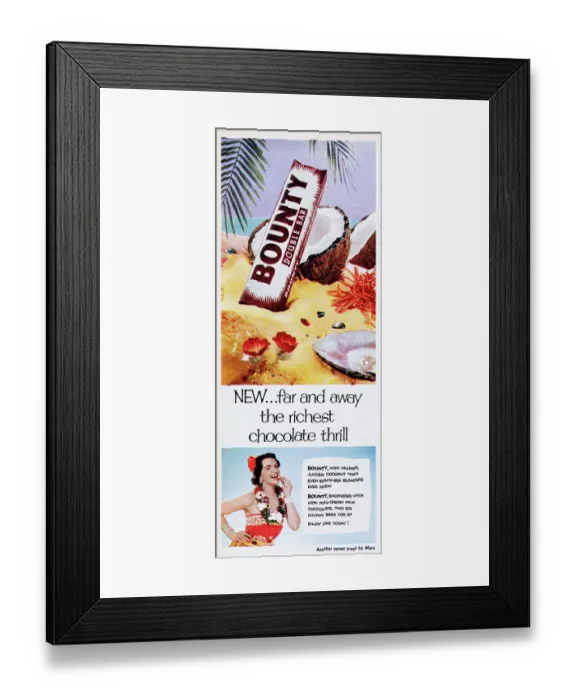 Framed Print : Bounty. 1955: Advertisement for the Bounty chocolate bar with the caption NEW...far Framed Print : Bounty. 1955: Advertisement for the Bounty chocolate bar with the caption NEW...far