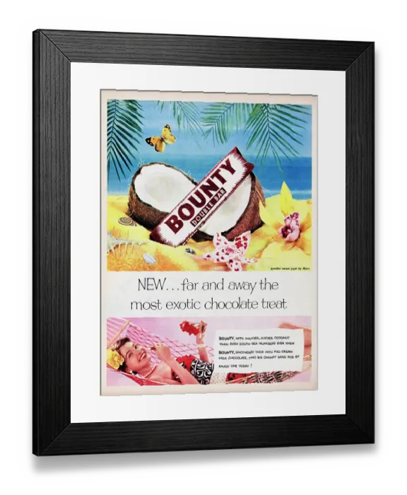 Framed Print : Bounty. 1955: Advertisement for Bounty showing the chocolate bar resting Framed Print : Bounty. 1955: Advertisement for Bounty showing the chocolate bar resting