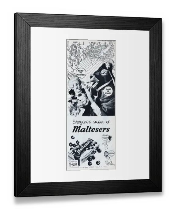 Framed Print : Maltesers. 1955: Advertisement for Maltesers chocolates with the caption Crisp to crunch Framed Print : Maltesers. 1955: Advertisement for Maltesers chocolates with the caption Crisp to crunch
