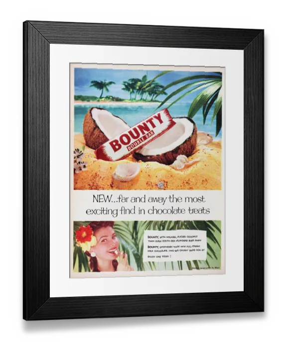 Framed Print : Bounty. 1955: Advertisement for Bounty showing the chocolate bar resting Framed Print : Bounty. 1955: Advertisement for Bounty showing the chocolate bar resting