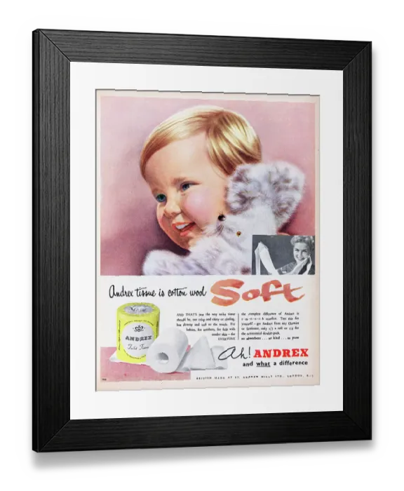 Framed Print : Andrex. 1955: Advertisement for Andrex toilet tissue with the caption Andrex Framed Print : Andrex. 1955: Advertisement for Andrex toilet tissue with the caption Andrex