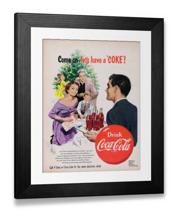 Framed Print : Coca-Cola. 1954: A Christmas themed advertisement for Coca-Cola with the Framed Print : Coca-Cola. 1954: A Christmas themed advertisement for Coca-Cola with the