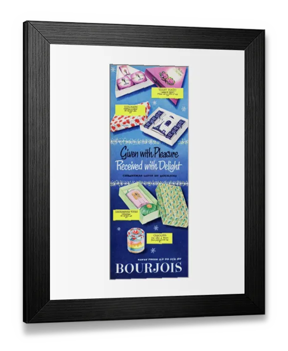 Framed Print : Bourjois. 1954: Advertisement from Bourjois for their Christmas gift sets Framed Print : Bourjois. 1954: Advertisement from Bourjois for their Christmas gift sets