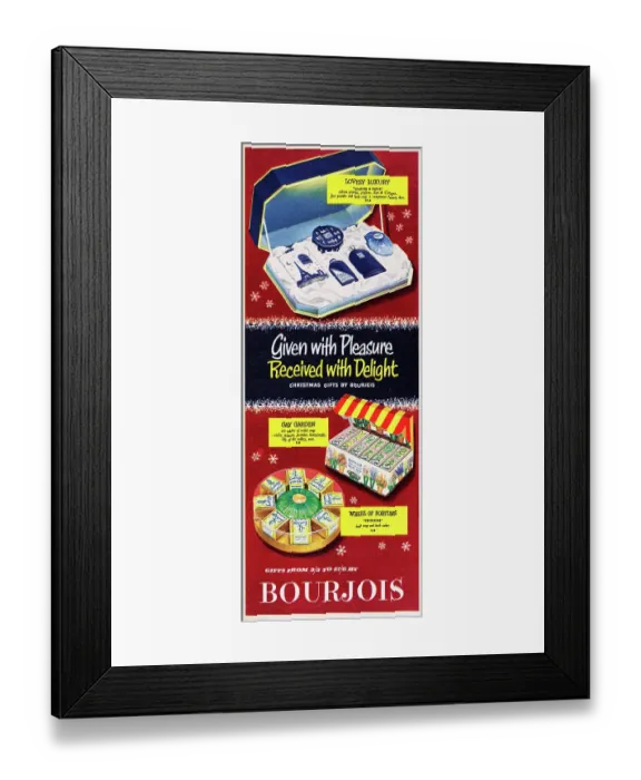 Framed Print : Bourjois. 1954: Advertisement for Bourjois Christmas gift sets containing talcum powder Framed Print : Bourjois. 1954: Advertisement for Bourjois Christmas gift sets containing talcum powder