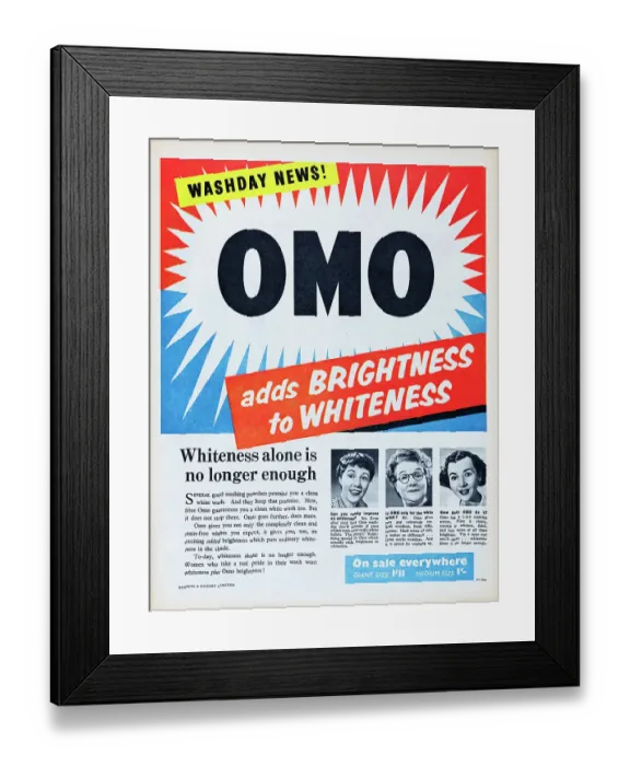 Framed Print : Omo. 1954: Advertisement for Omo washing powder with the caption adds brightness Framed Print : Omo. 1954: Advertisement for Omo washing powder with the caption adds brightness