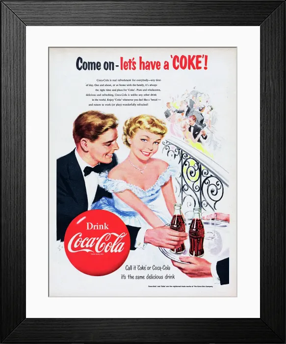 Framed Print : Coca-Cola. 1954: Advertisement for Coca-Cola with the caption Come on - let's have a Coke' Framed Print : Coca-Cola. 1954: Advertisement for Coca-Cola with the caption Come on - let's have a Coke'