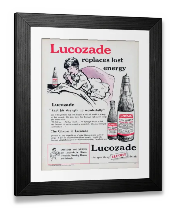 Framed Print : Lucozade. 1954: Advertisement for Lucozade, the sparkling glucose drink Framed Print : Lucozade. 1954: Advertisement for Lucozade, the sparkling glucose drink