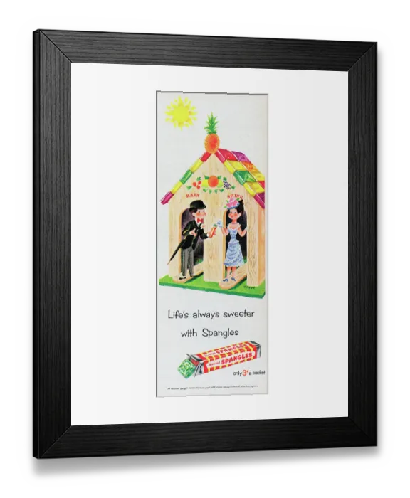 Framed Print : Spangles. 1954: Advertisement for Spangles showing a weather house Framed Print : Spangles. 1954: Advertisement for Spangles showing a weather house