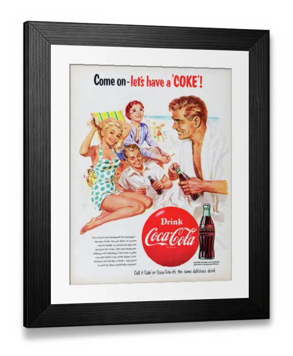 Framed Print : Coca-Cola. 1954: Advertisement for Coca-Cola showing a family enjoying Framed Print : Coca-Cola. 1954: Advertisement for Coca-Cola showing a family enjoying