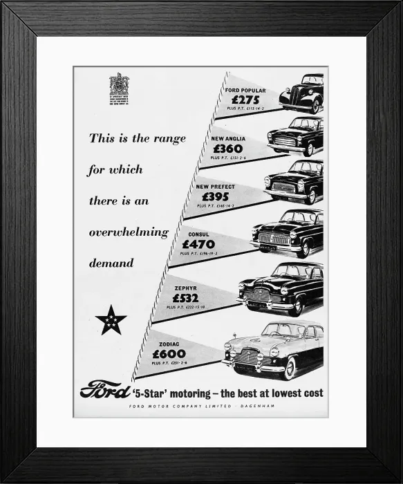 Framed Print : Ford. 1954: Advertisement for a range of cars Framed Print : Ford. 1954: Advertisement for a range of cars