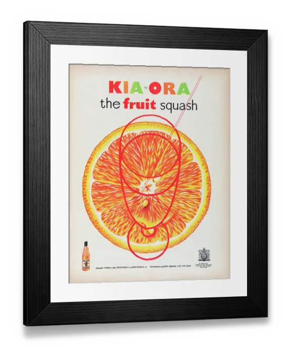 Framed Print : Kia-Ora. 1954: Advertisement for Kia-Ora fruit squash drink showing a slice of orange Framed Print : Kia-Ora. 1954: Advertisement for Kia-Ora fruit squash drink showing a slice of orange