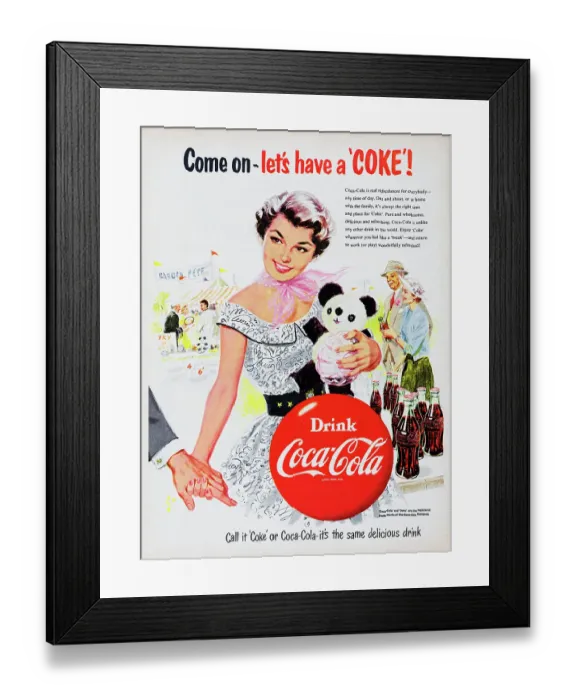 Framed Print : Coca-Cola. 1954: Advertisement for Coca-Cola showing a young woman holding Framed Print : Coca-Cola. 1954: Advertisement for Coca-Cola showing a young woman holding