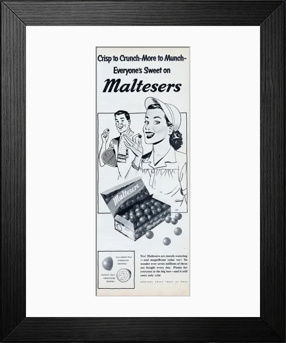 Framed Print : Maltesers. 1954: Advertisement for Maltesers chocolates with the caption Framed Print : Maltesers. 1954: Advertisement for Maltesers chocolates with the caption