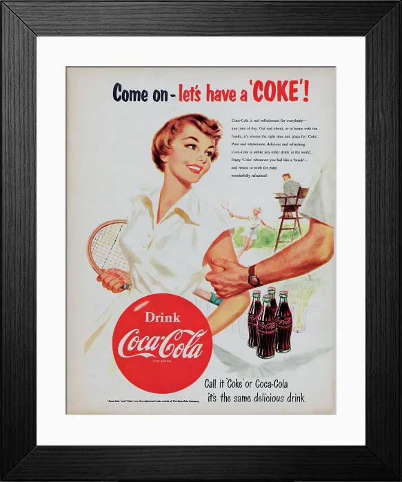 Framed Print : Coca-Cola. 1954: Advertisement for Coca-Cola with the caption Come on - let's have a Coke' Framed Print : Coca-Cola. 1954: Advertisement for Coca-Cola with the caption Come on - let's have a Coke'