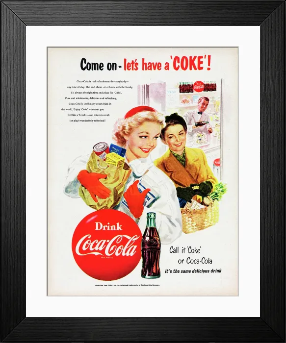 Framed Print : Coca-Cola. 1954: Advertisement for Coca-Cola showing two women holding groceries Framed Print : Coca-Cola. 1954: Advertisement for Coca-Cola showing two women holding groceries