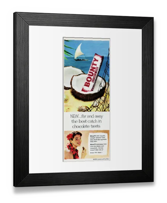 Framed Print : Bounty. 1954: Advertisement for Bounty showing a chocolate bar placed in Framed Print : Bounty. 1954: Advertisement for Bounty showing a chocolate bar placed in