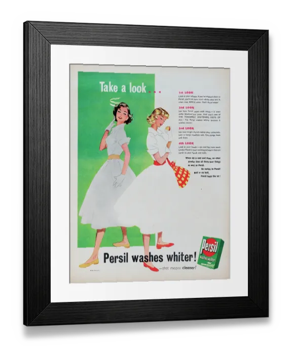 Framed Print : Persil. 1954: Advertisement for Persil laundry detergent showing a woman Framed Print : Persil. 1954: Advertisement for Persil laundry detergent showing a woman