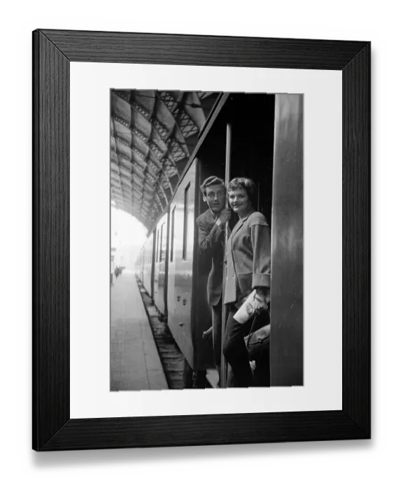 Framed Print : On Board. 15th May 1954: Eve and Arthur on the train which will take then Framed Print : On Board. 15th May 1954: Eve and Arthur on the train which will take then