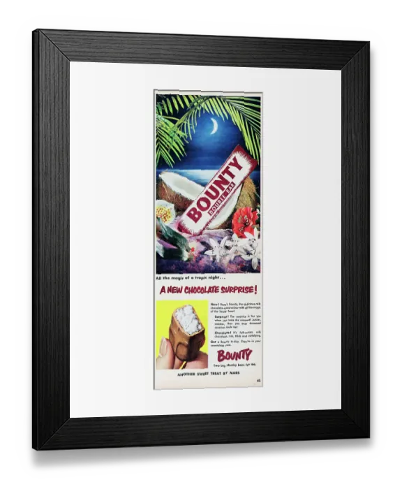 Framed Print : Bounty. 1954: Advertisement for Bounty showing the chocolate bar placed Framed Print : Bounty. 1954: Advertisement for Bounty showing the chocolate bar placed