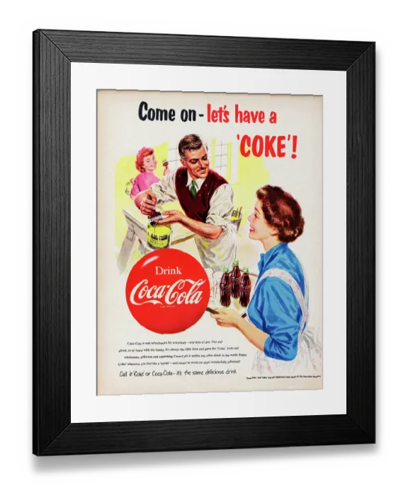 Framed Print : Coca-Cola. 1954: Advertisement for Coca-Cola showing a family taking a break Framed Print : Coca-Cola. 1954: Advertisement for Coca-Cola showing a family taking a break